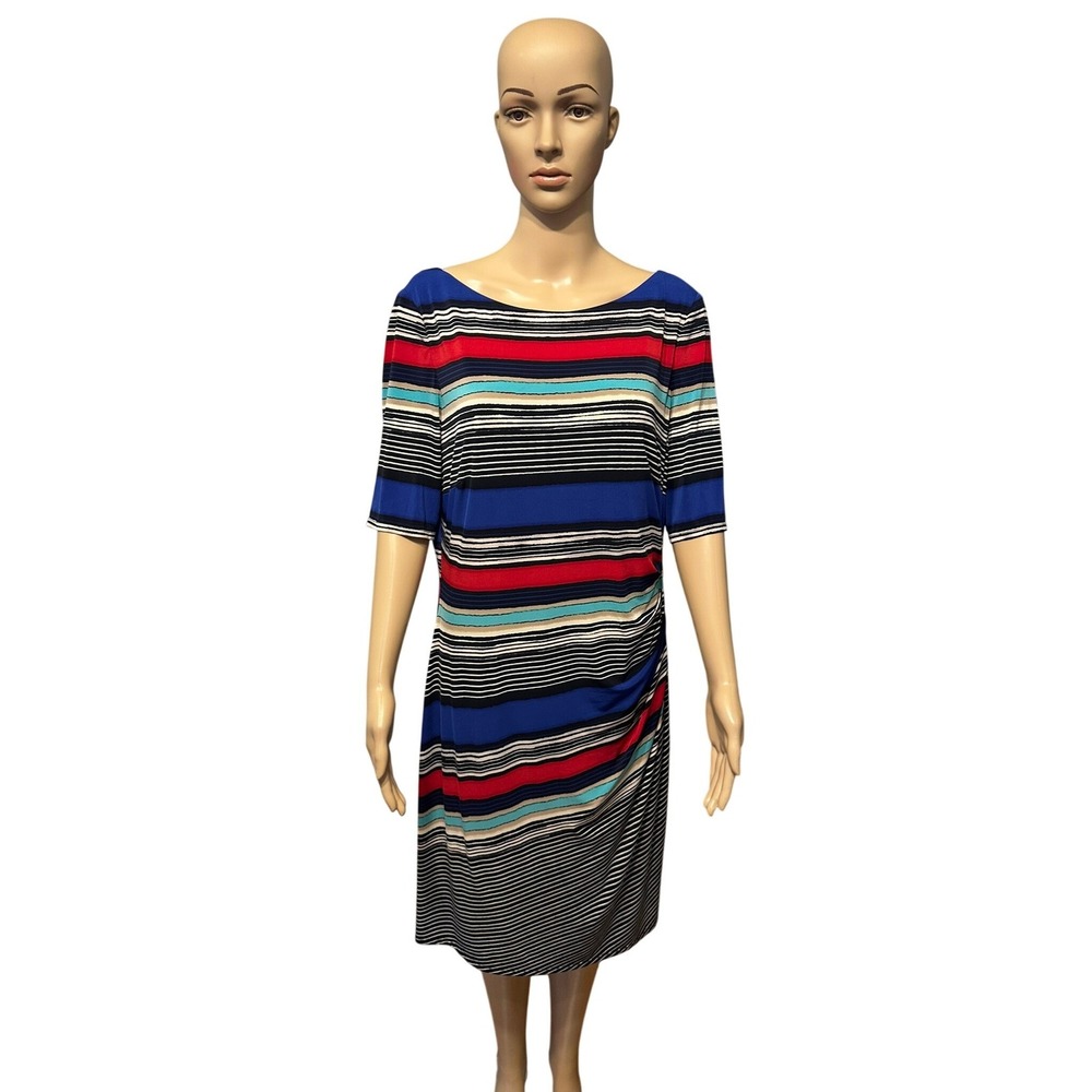 Anne Klein Womens Multi‎ Color Striped Ruched Sheath Dress Blue Red Size 16